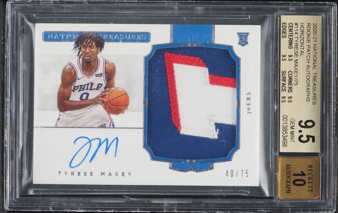 2020 National Treasures Horizontal Tyrese Maxey ROOKIE PATCH AUTO /75 #114 BGS 9.5 GEM MINT