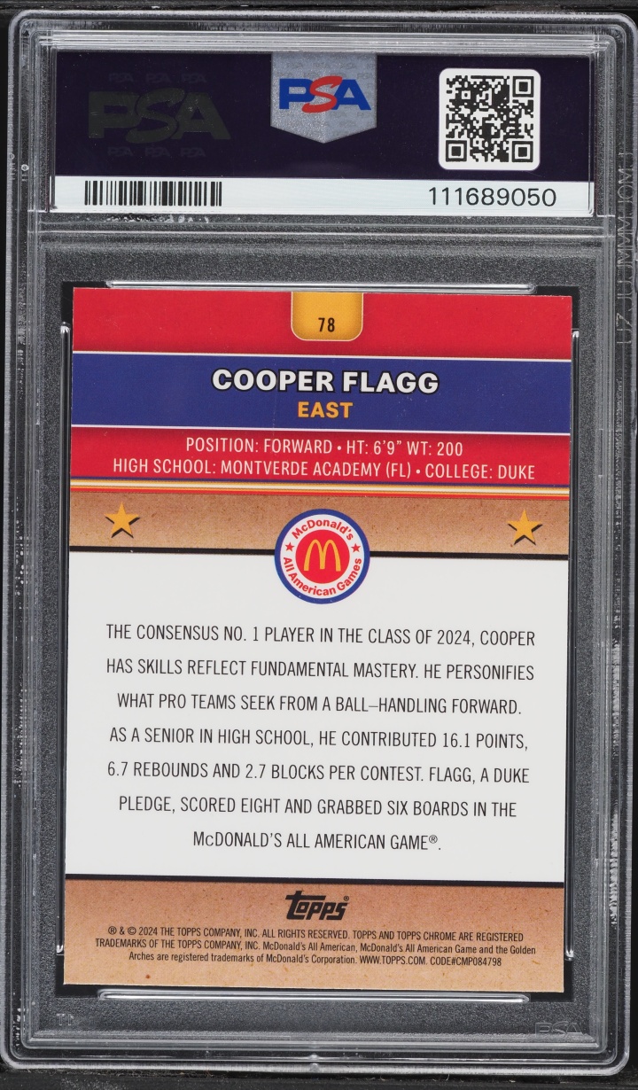 2024 Topps Chrome McDonald's All American McFlurry Refractor Cooper Flagg ROOKIE #78 PSA 10 GEM