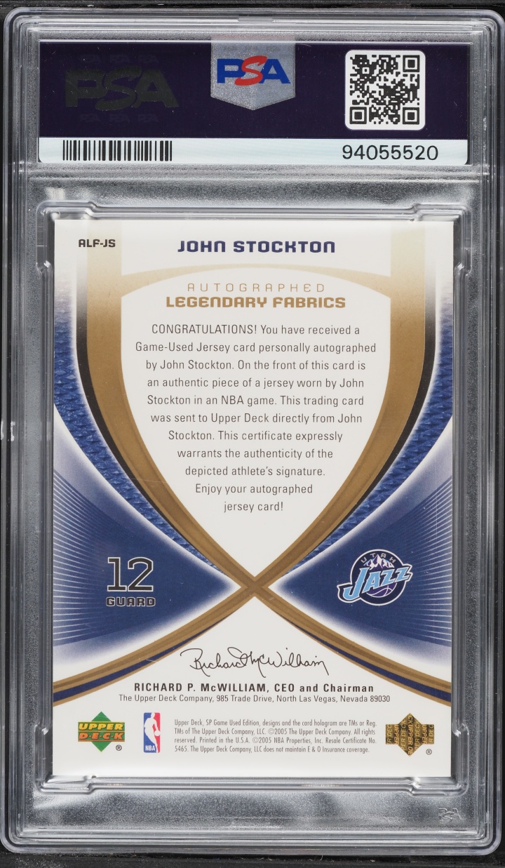 2005 SP Game Used Legendary Fabrics John Stockton PATCH AUTO /50 #ALF-JS PSA 8 NM-MT