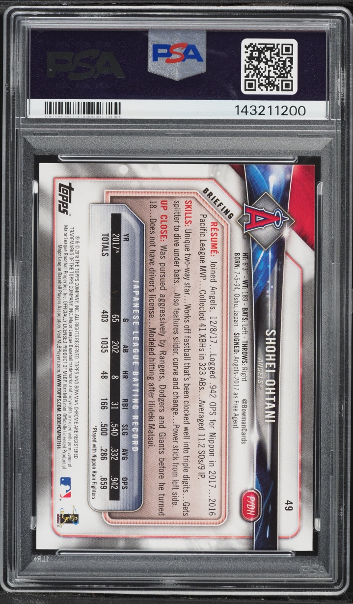 2018 Bowman Shohei Ohtani ROOKIE #49 PSA 10 GEM MINT