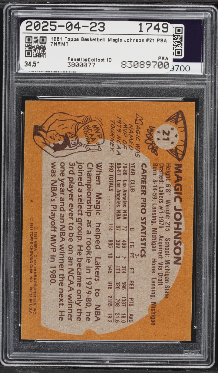 1981 Topps Basketball Magic Johnson #21 PSA 7 NRMT
