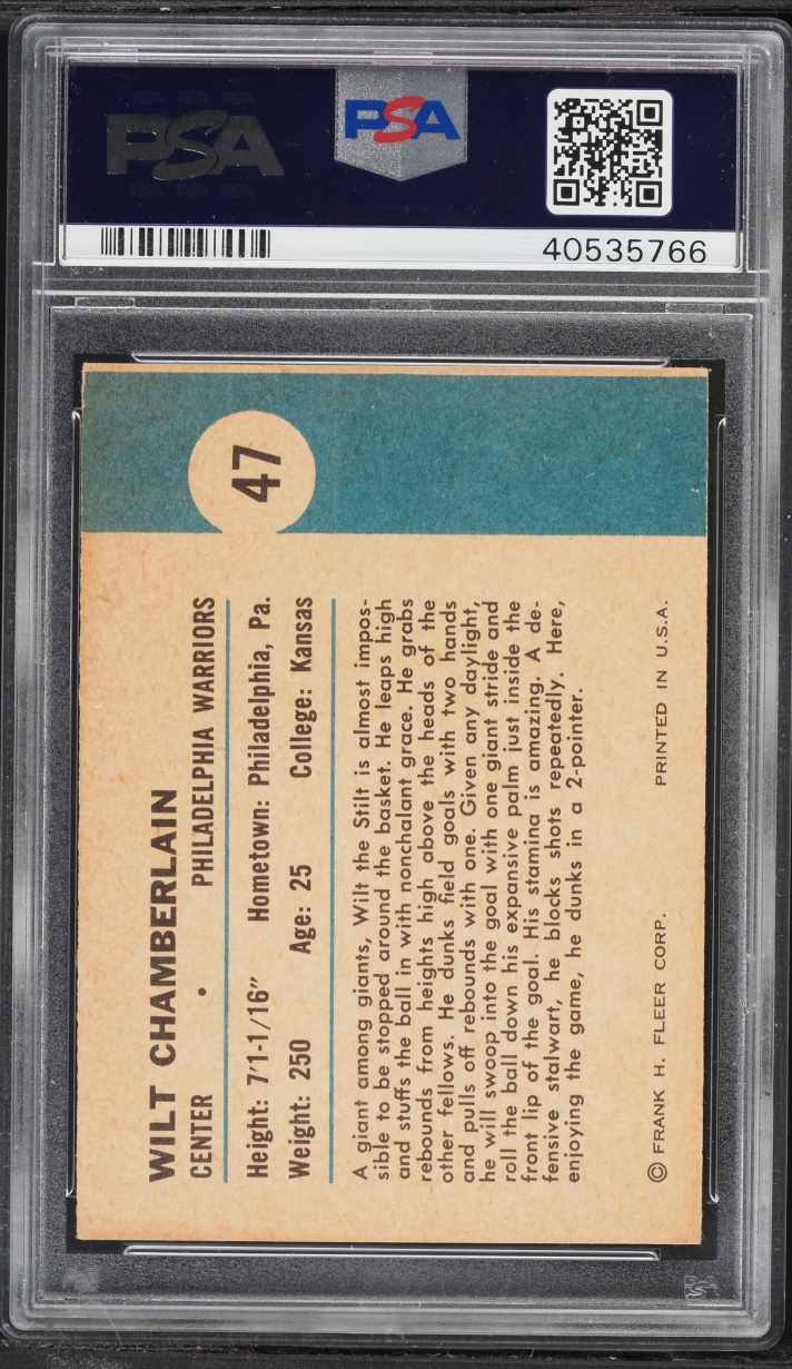 1961 Fleer Basketball Wilt Chamberlain ROOKIE, IN ACTION PSA 4 VGEX