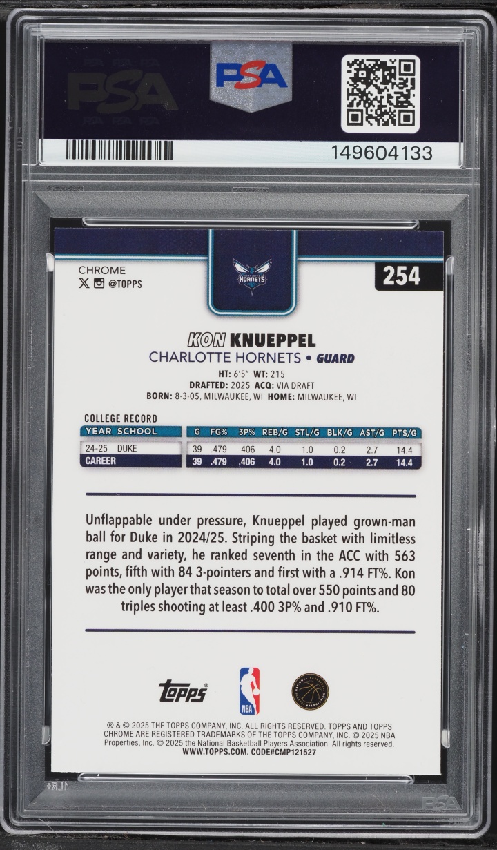 2025 Topps Chrome Prism Refractor Kon Knueppel ROOKIE #254 PSA 9 MINT