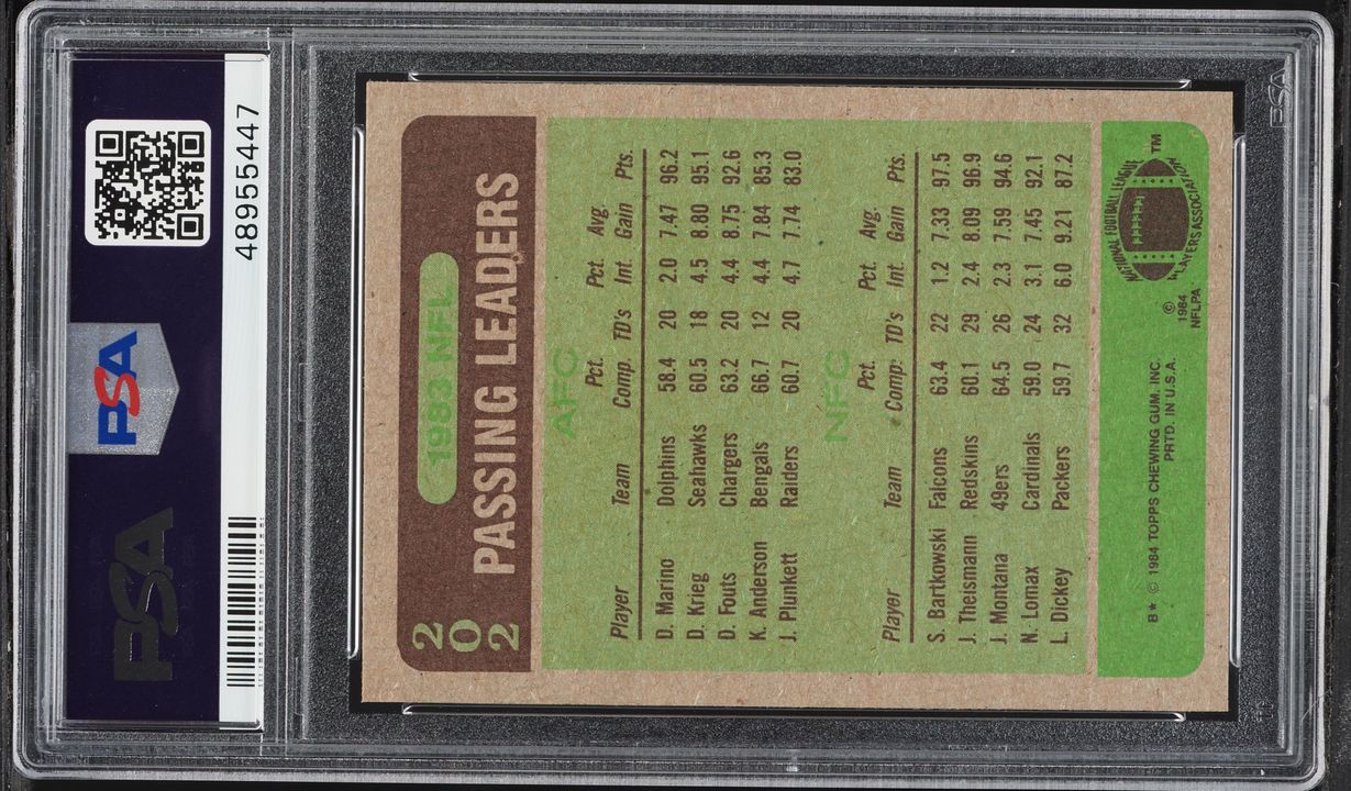 1984 Topps Football Steve Bartkowski Dan Marino ROOKIE, PASSING LEADERS #202 PSA 9 MINT