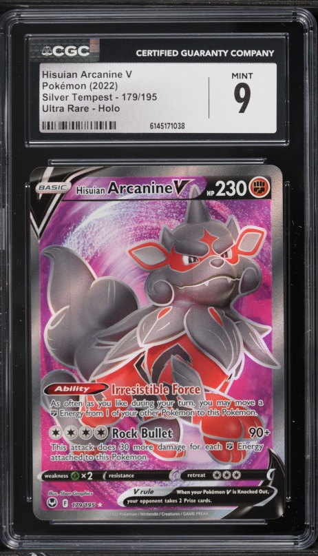 2022 Pokemon Sword & Shield Silver Tempest Full Art Hisuian Arcanine V #179 CGC 9 MINT