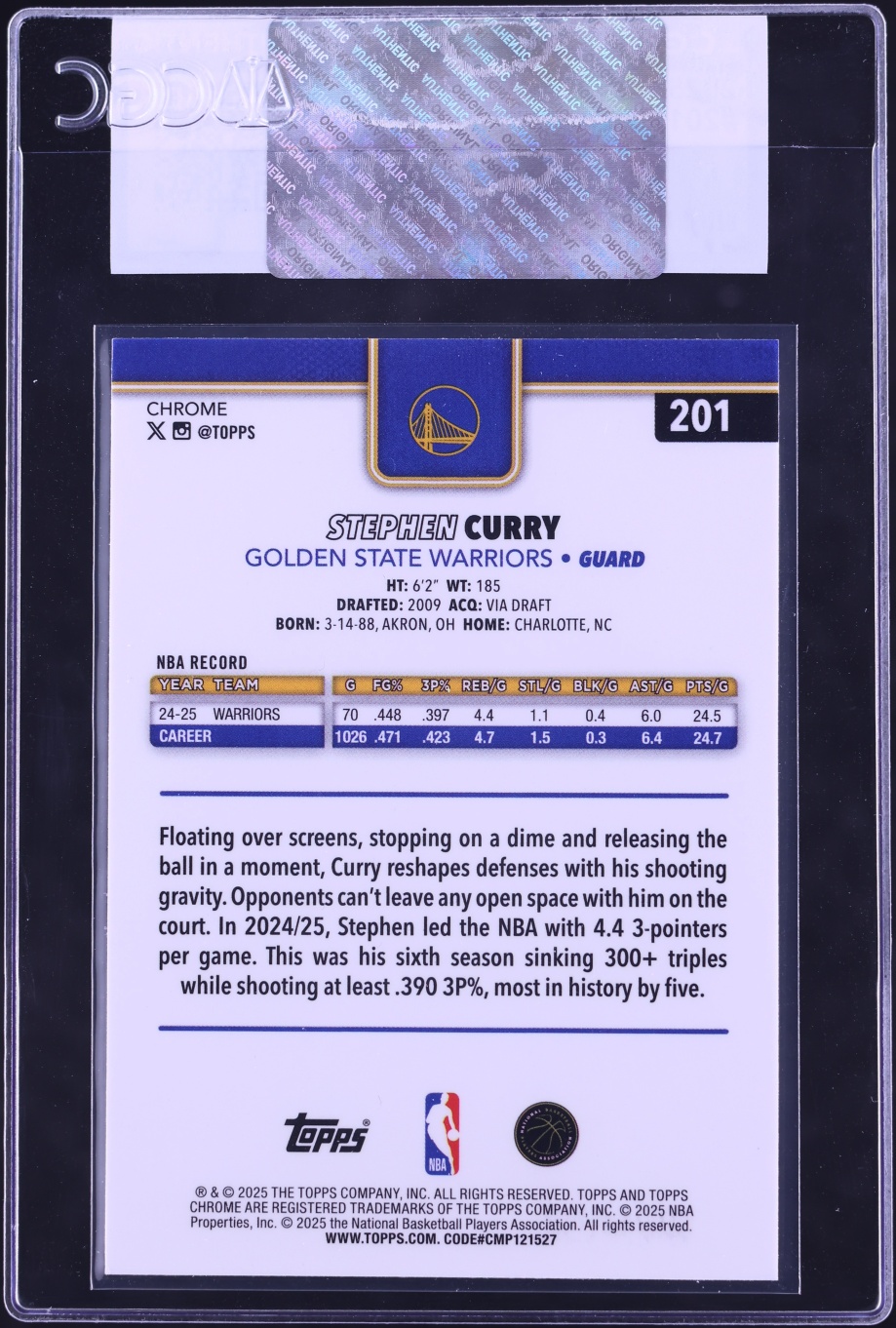 2025 Topps Chrome Stephen Curry #201 CGC AUTH