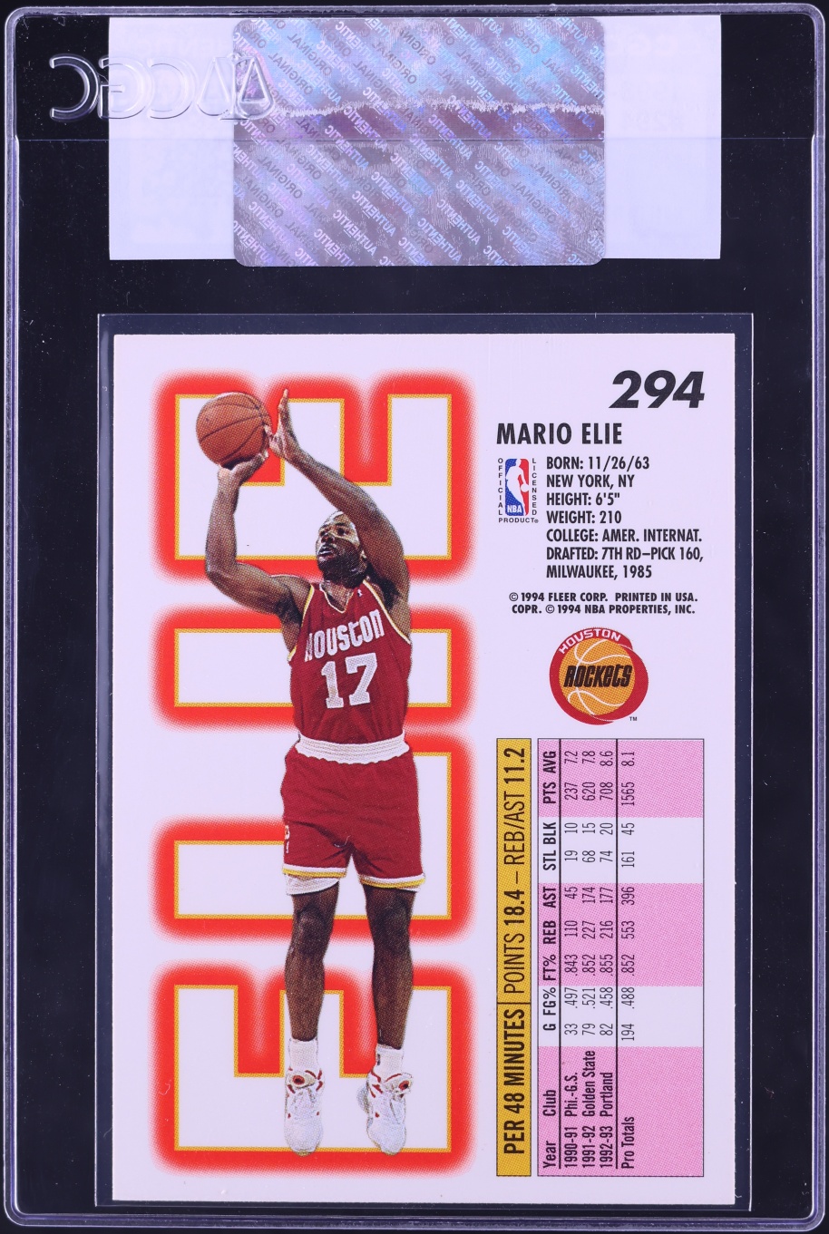 1993 Fleer Basketball Mario Elie #294 CGC AUTH