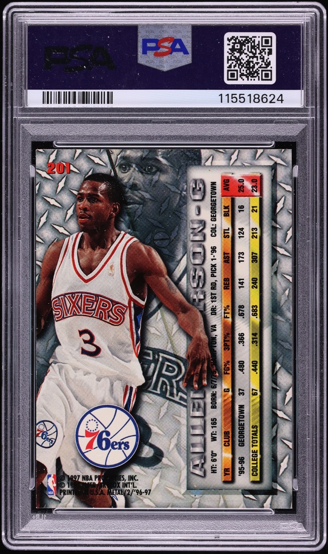 1996 Metal Basketball Allen Iverson ROOKIE #201 PSA 7 NRMT