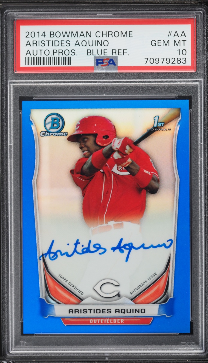 2014 Bowman Chrome Blue Refractor Aristides Aquino ROOKIE AUTO /150 PSA 10 GEM MINT