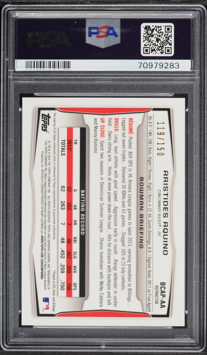 2014 Bowman Chrome Blue Refractor Aristides Aquino ROOKIE AUTO /150 PSA 10 GEM MINT