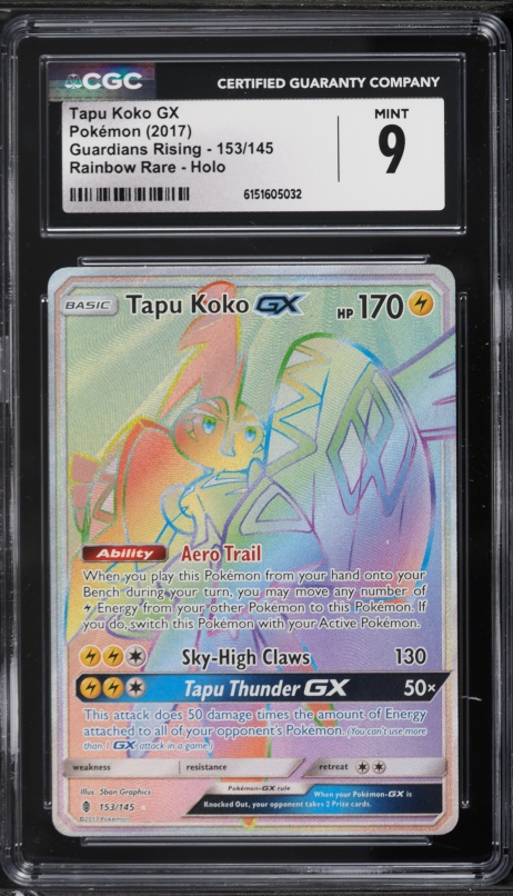 2017 Pokemon Sun & Moon Guardians Rising Rainbow Rare Tapu Koko GX #153 CGC 9 MINT