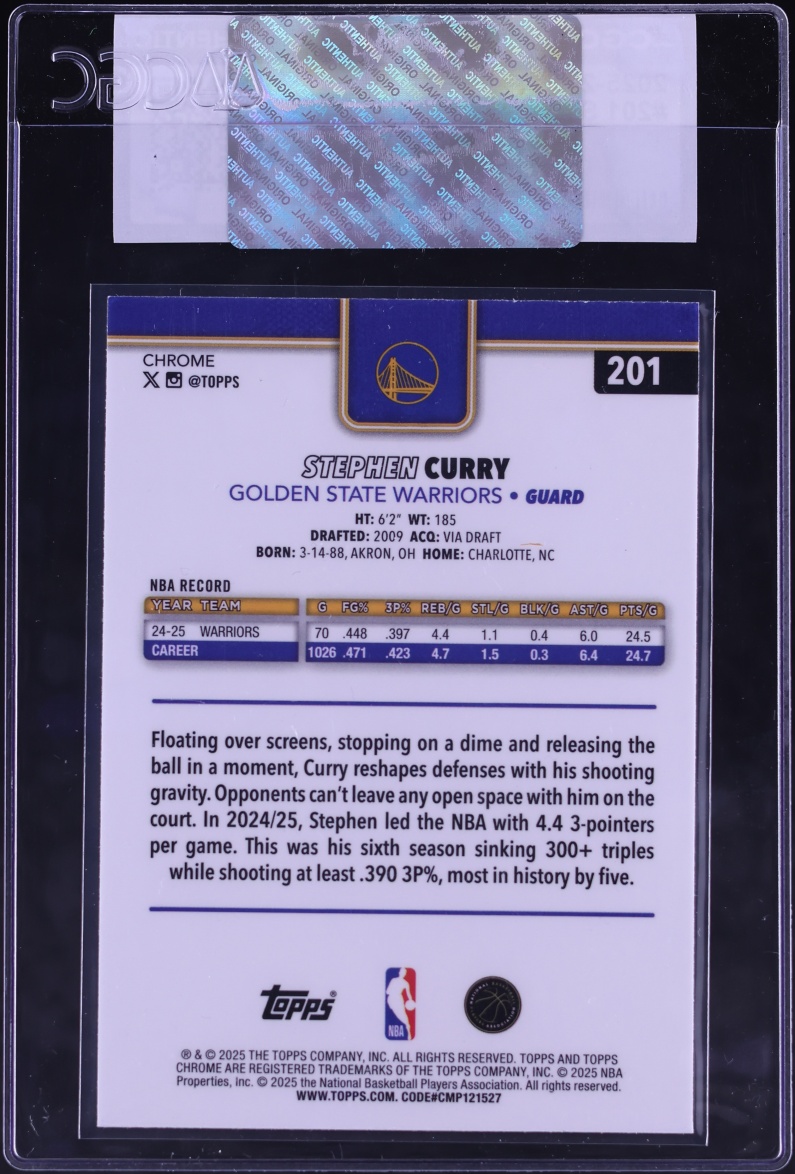 2025 Topps Chrome Stephen Curry #201 CGC AUTH