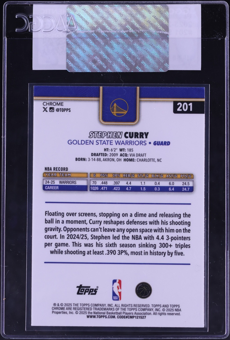 2025 Topps Chrome Stephen Curry #201 CGC AUTH