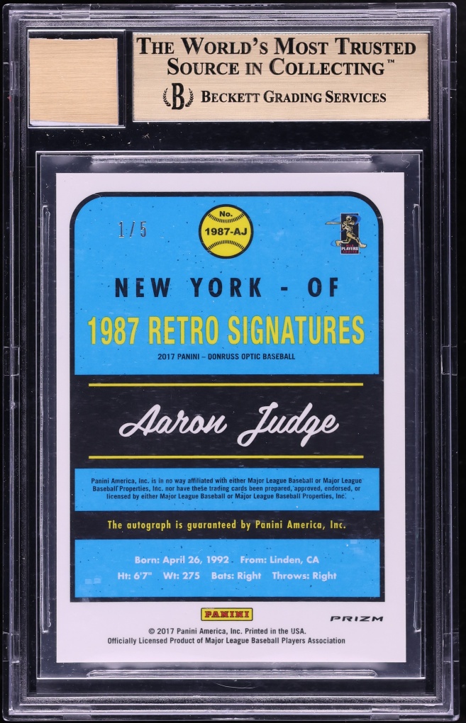 2017 Donruss Optic '87 Retro Signatures Red Aaron Judge ROOKIE AUTO 1/5 #10 BGS 9.5 GEM MINT