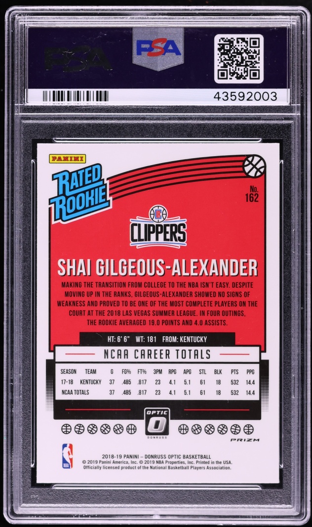 2018 Donruss Optic Checkerboard Shai Gilgeous-Alexander ROOKIE #162 PSA 10 GEM MINT