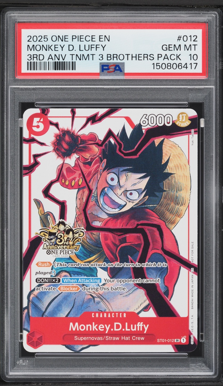 2025 One Piece Promo 3rd Anniv. Tournament 3 Brothers Pack SR Monkey D. Luffy #ST01-012 PSA 10