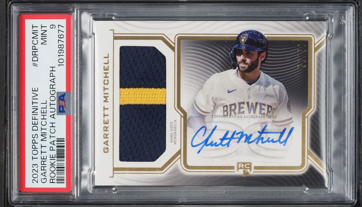 2023 Topps Definitive Collection Garrett Mitchell ROOKIE PATCH AUTO 50/50 #DRPC-MIT PSA 9 MINT