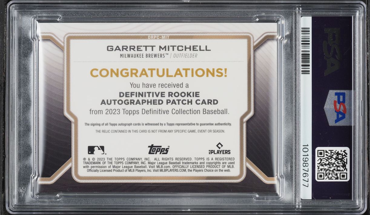 2023 Topps Definitive Collection Garrett Mitchell ROOKIE PATCH AUTO 50/50 #DRPC-MIT PSA 9 MINT