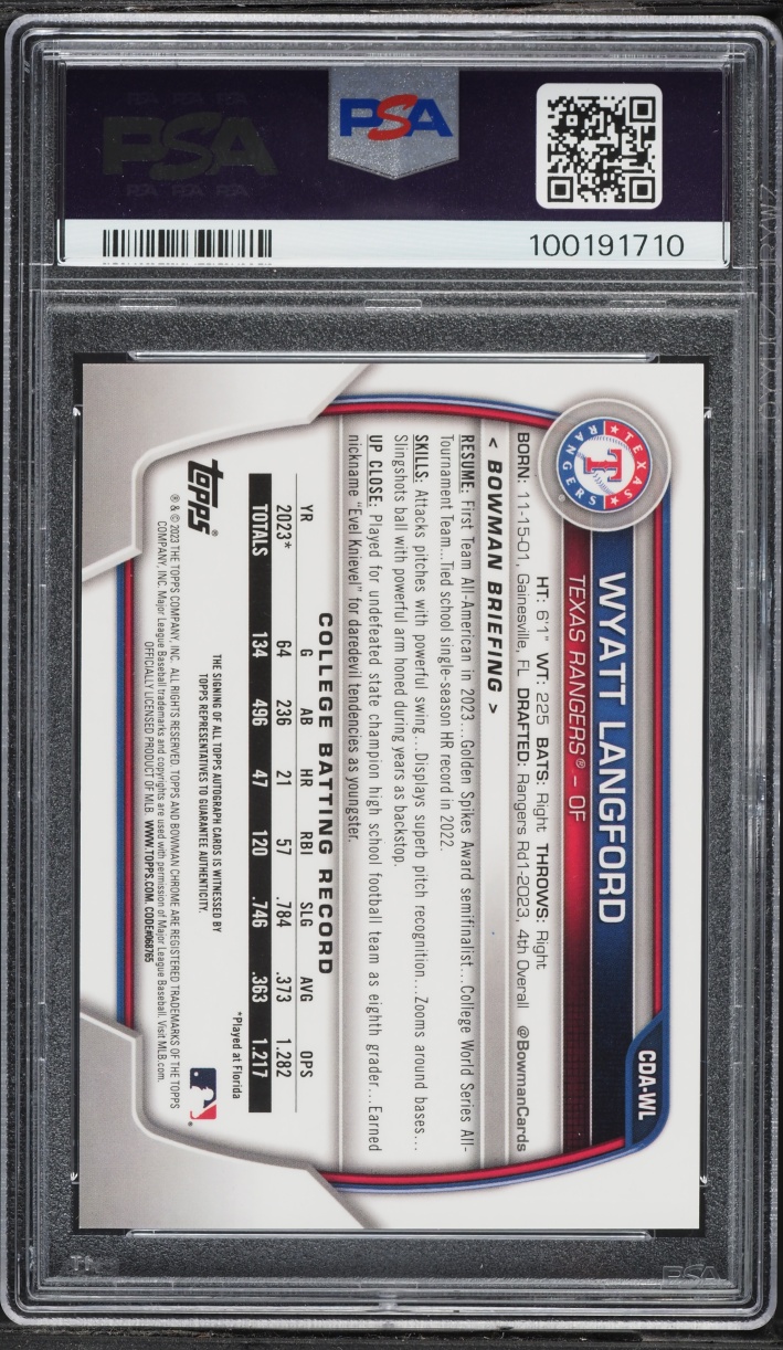 2023 Bowman Chrome Draft Wyatt Langford PROSPECT AUTO #CDA-WL PSA 9 MINT