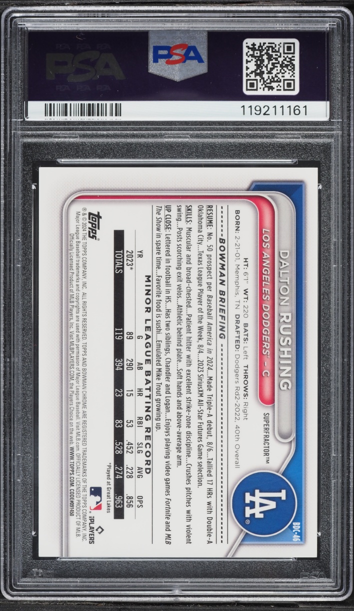 2024 Bowman Chrome Draft Superfractor Dalton Rushing PROSPECT 1/1 #BDC-46 PSA 8 NM-MT
