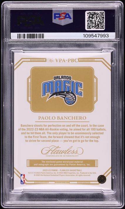 2022 Panini Flawless Vertical Ruby Paolo Banchero ROOKIE PATCH AUTO DNA 10 /15 PSA 10 GEM MINT