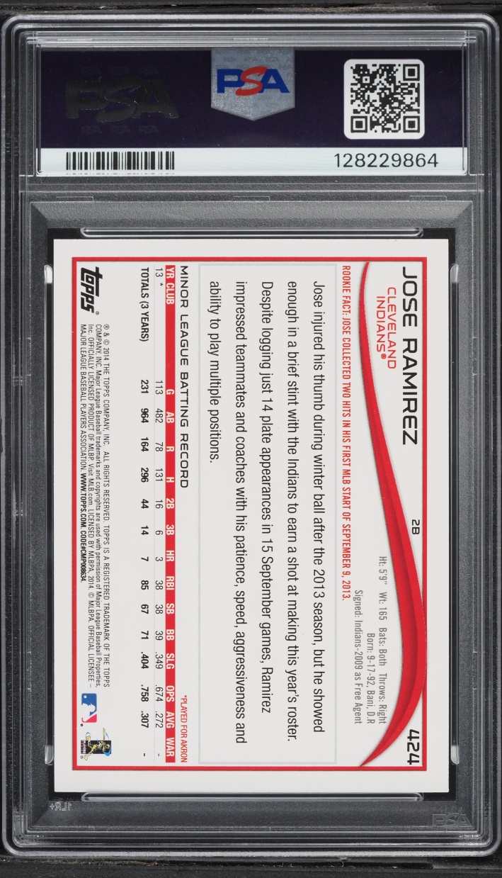 2014 Topps Jose Ramirez ROOKIE #424 PSA 10 GEM MINT