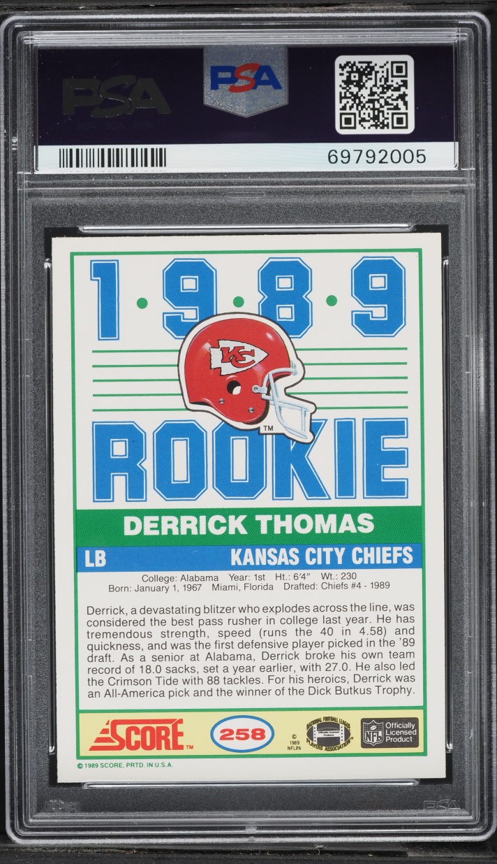 1989 Score Football Derrick Thomas ROOKIE #258 PSA 9 MINT