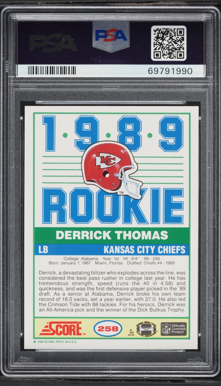 1989 Score Football Derrick Thomas ROOKIE #258 PSA 9 MINT