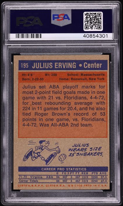 1972 Topps Basketball Julius Erving ROOKIE #195 PSA 9 MINT