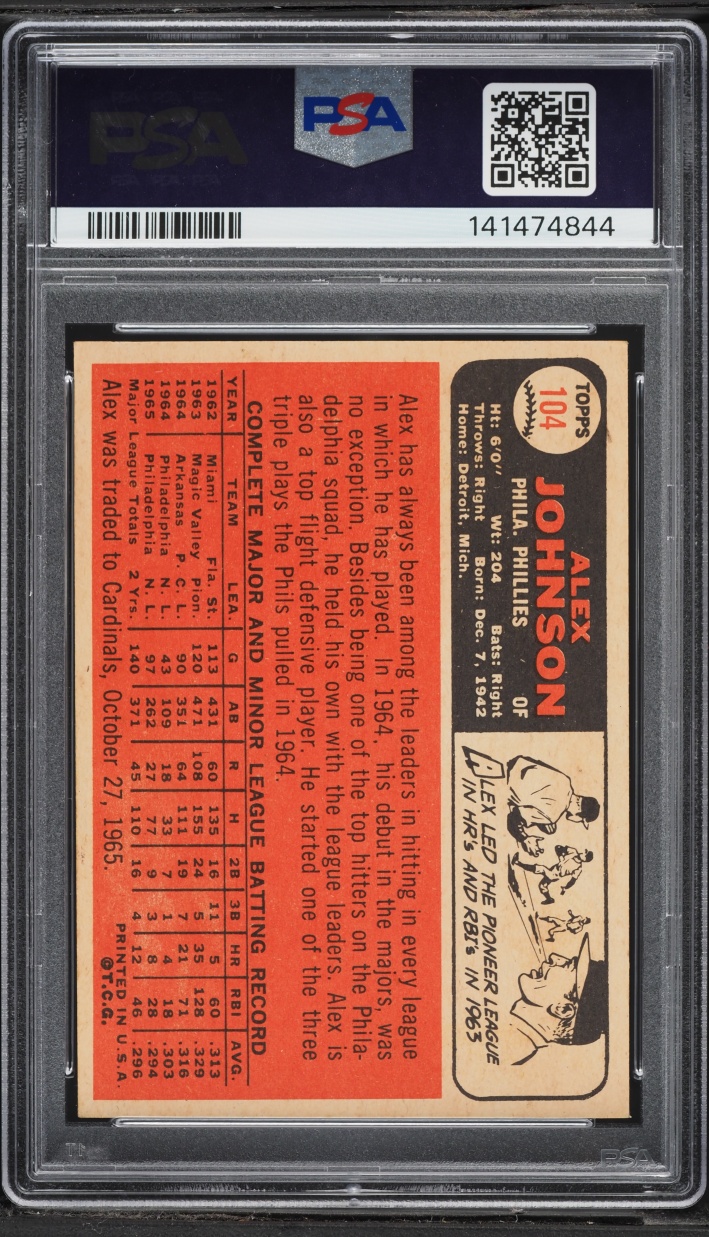 1966 Venezuela Topps Alex Johnson #104 PSA 5 EX