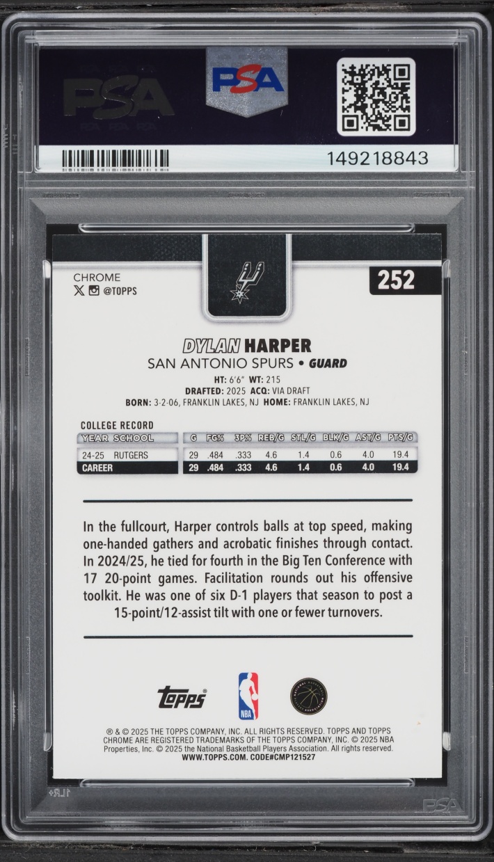 2025 Topps Chrome Pulsar Dylan Harper ROOKIE #252 PSA 10 GEM MINT