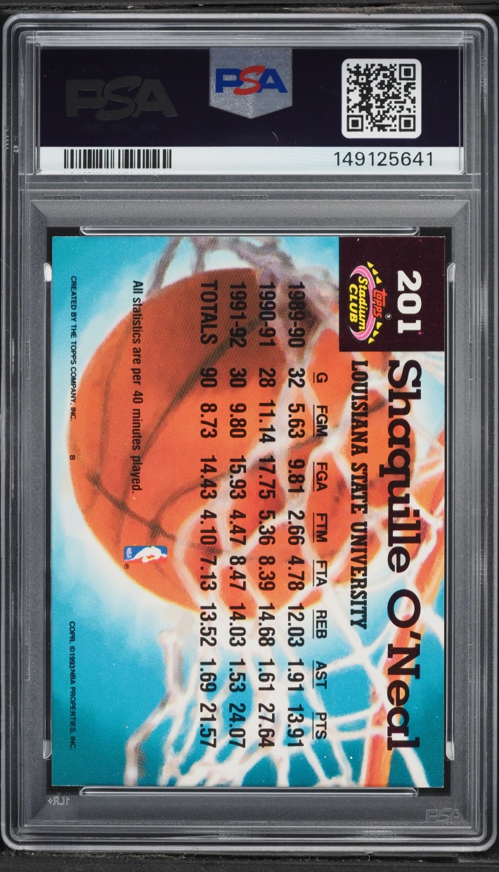 1992 Stadium Club Members Choice Shaquille O'Neal ROOKIE #201 PSA 9 MINT