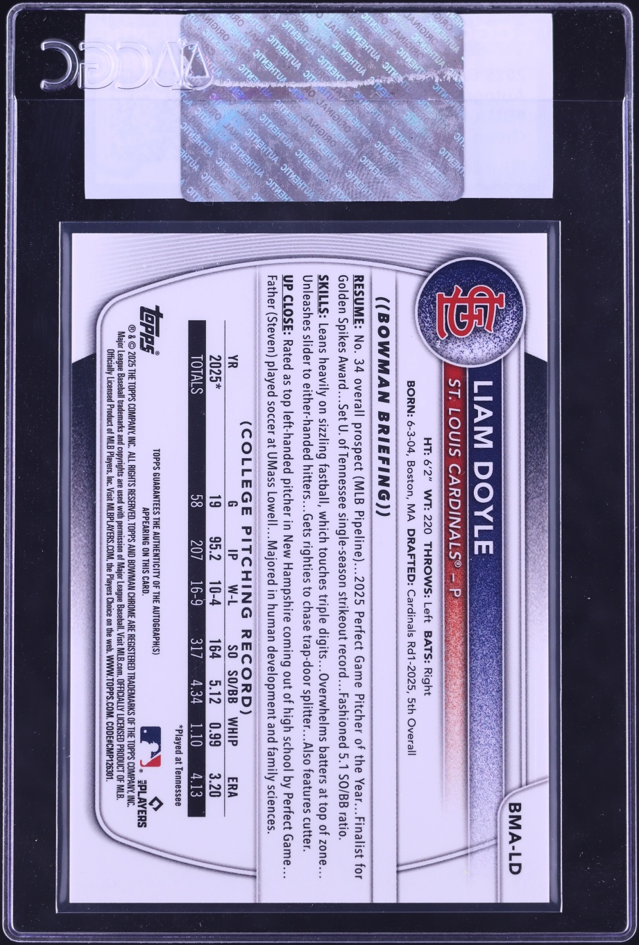 2025 Bowman Chrome Draft Mega Box Green Liam Doyle PROSPECT AUTO /99 #BMA-LD CGC AUTH