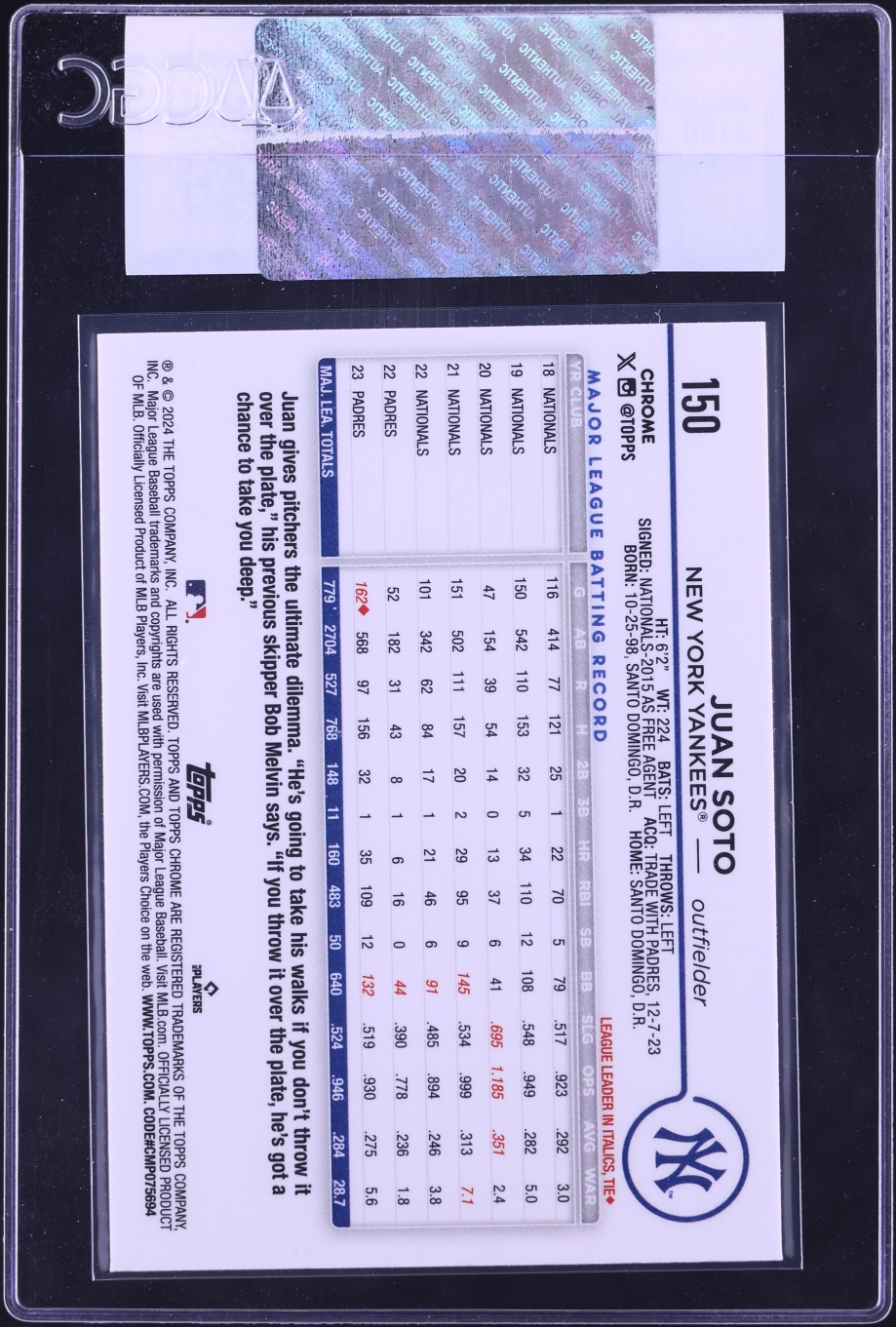 2024 Topps Chrome Xfractor Juan Soto #150 CGC AUTH