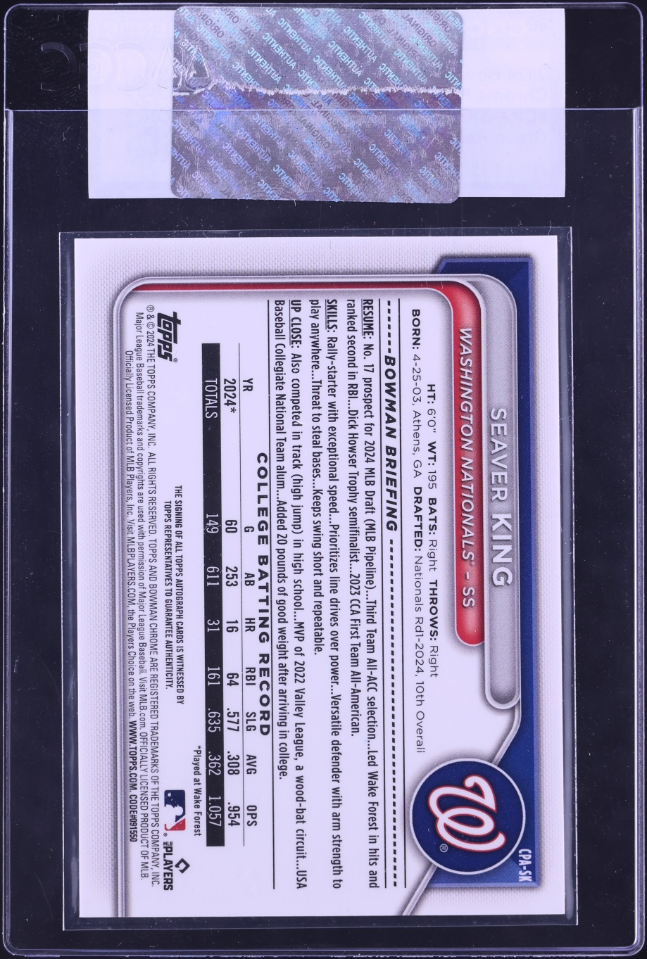 2024 Bowman Chrome Draft Green Refractor Seaver King PROSPECT AUTO /99 #CPA-SK CGC AUTH