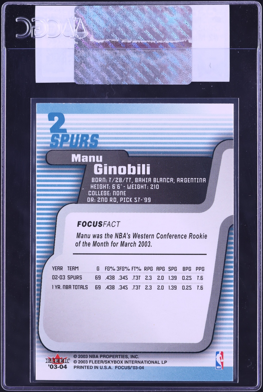 2003 Fleer Focus Manu Ginobili #2 CGC AUTH