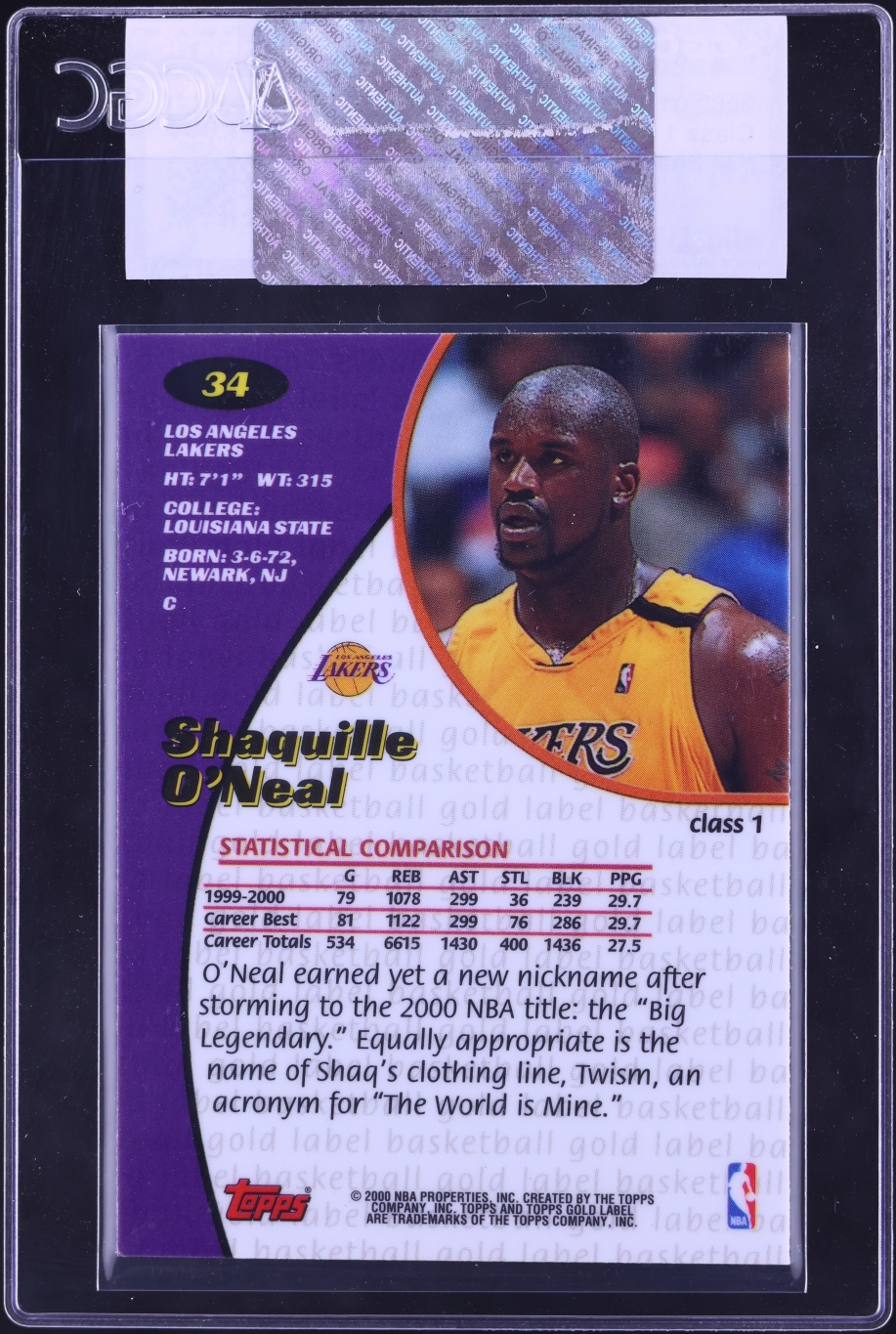 2000 Topps Gold Label Class 1 Shaquille O'Neal #34 CGC AUTH
