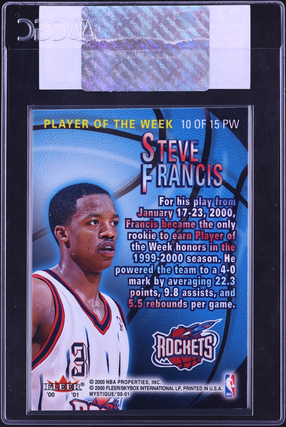 2000 Fleer Mystique Player Of The Week Steve Francis #10PW CGC AUTH