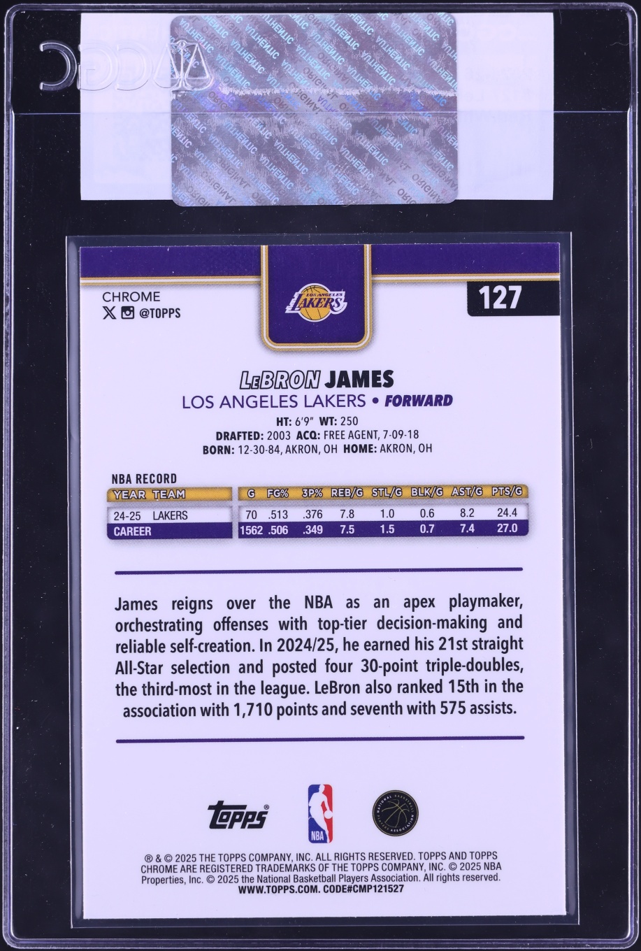 2025 Topps Chrome Red White & Blue Refractor LeBron James #127 CGC AUTH