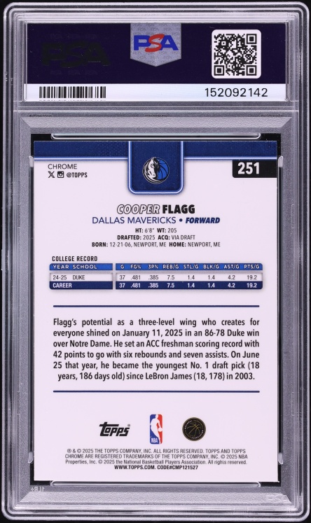 2025 Topps Chrome Xfractor Cooper Flagg ROOKIE #251 PSA 10 GEM MINT