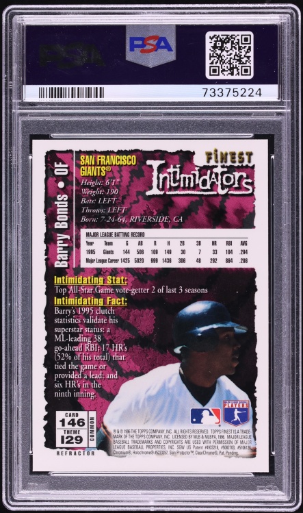 1996 Finest Refractor w/ Coating Barry Bonds #146 PSA 9 MINT