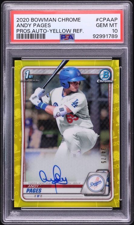 2020 Bowman Chrome Yellow Refractor Andy Pages ROOKIE AUTO /75 PSA 10 GEM MINT