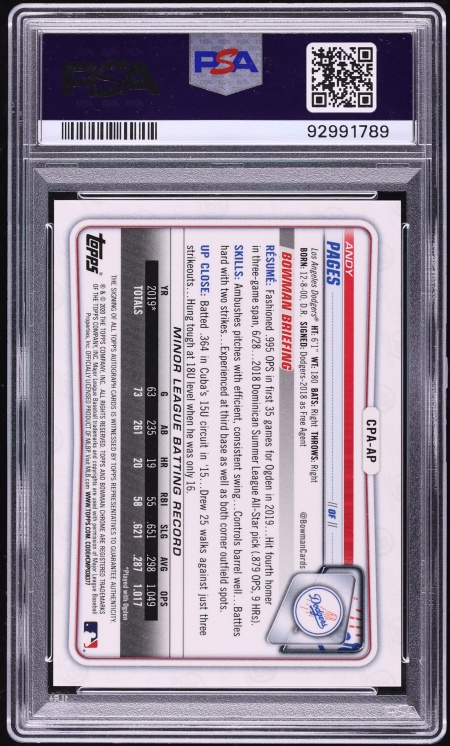 2020 Bowman Chrome Yellow Refractor Andy Pages ROOKIE AUTO /75 PSA 10 GEM MINT