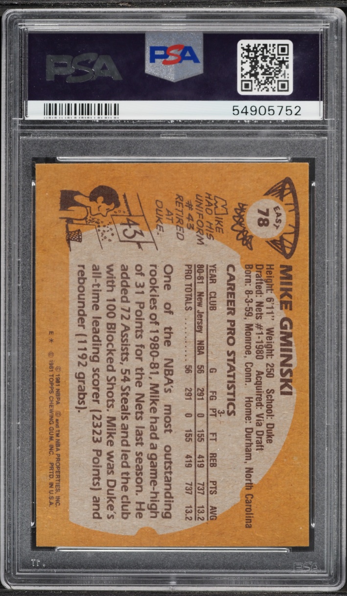 1981 Topps Basketball East Mike Gminski #78 PSA 9 MINT
