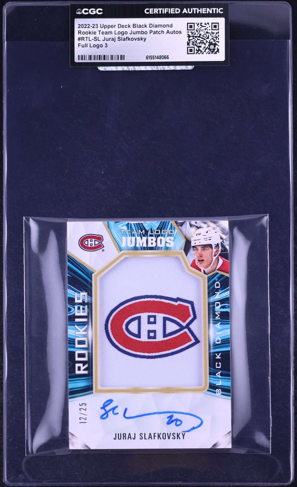 2022 Black Diamond Team Logo Jumbo Full 3 Juraj Slafkovsky ROOKIE PATCH AUTO /25 CGC AUTH