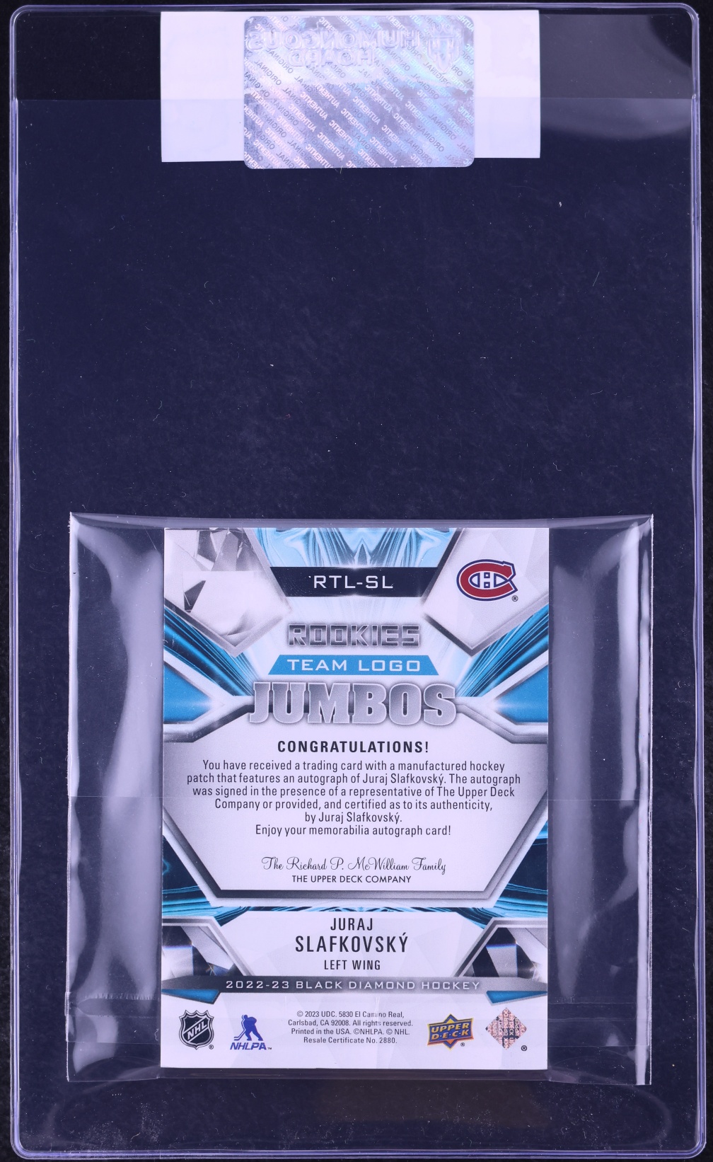 2022 Black Diamond Team Logo Jumbo Full 3 Juraj Slafkovsky ROOKIE PATCH AUTO /25 CGC AUTH