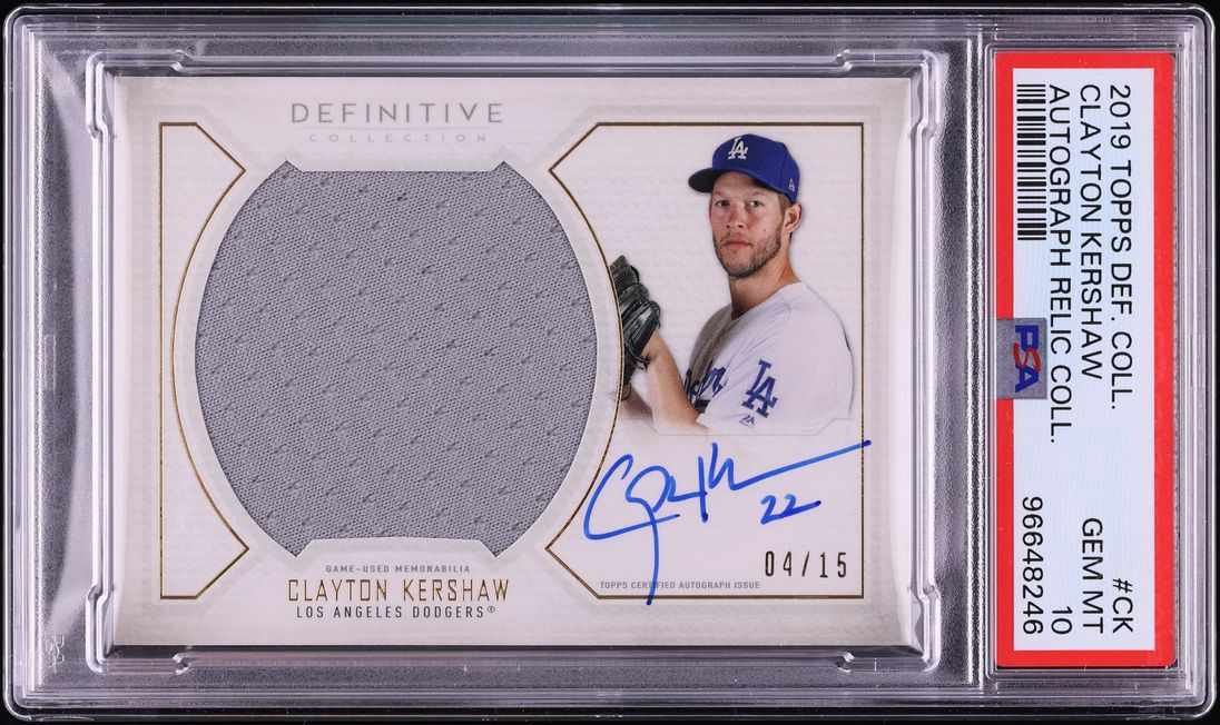 2019 Topps Definitive Collection Clayton Kershaw PATCH AUTO /15 #CK PSA 10 GEM MINT