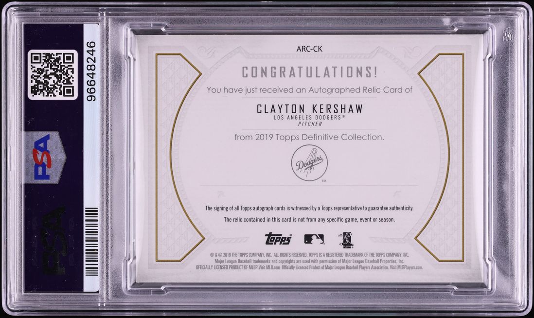 2019 Topps Definitive Collection Clayton Kershaw PATCH AUTO /15 #CK PSA 10 GEM MINT
