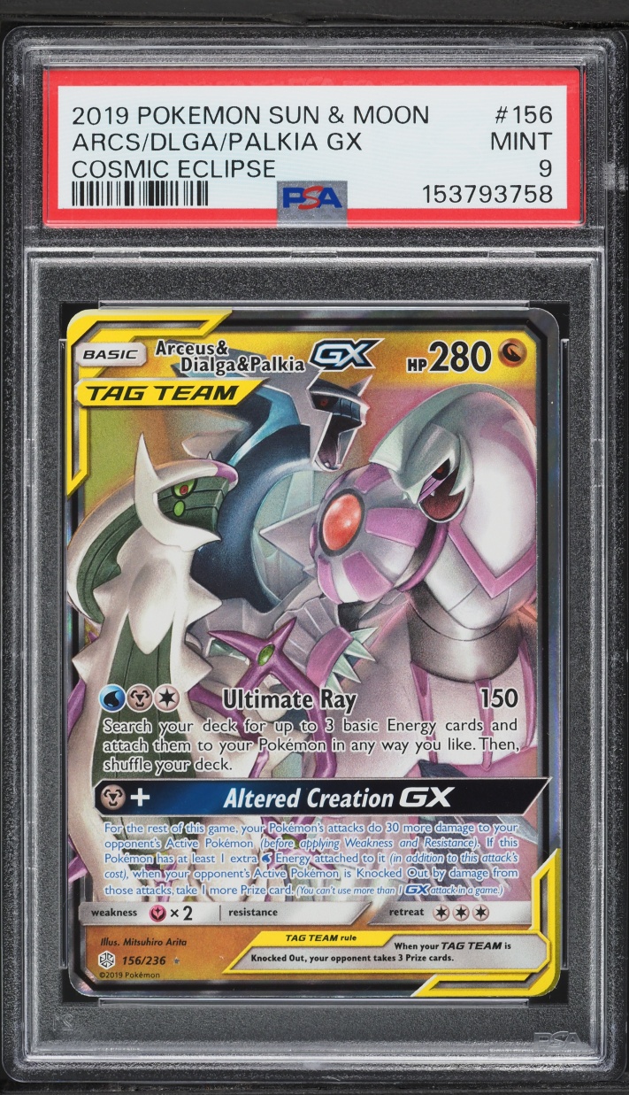 2019 Pokemon Sun & Moon Cosmic Eclipse Holo Arceus & Dialga & Palkia GX #156 PSA 9 MINT