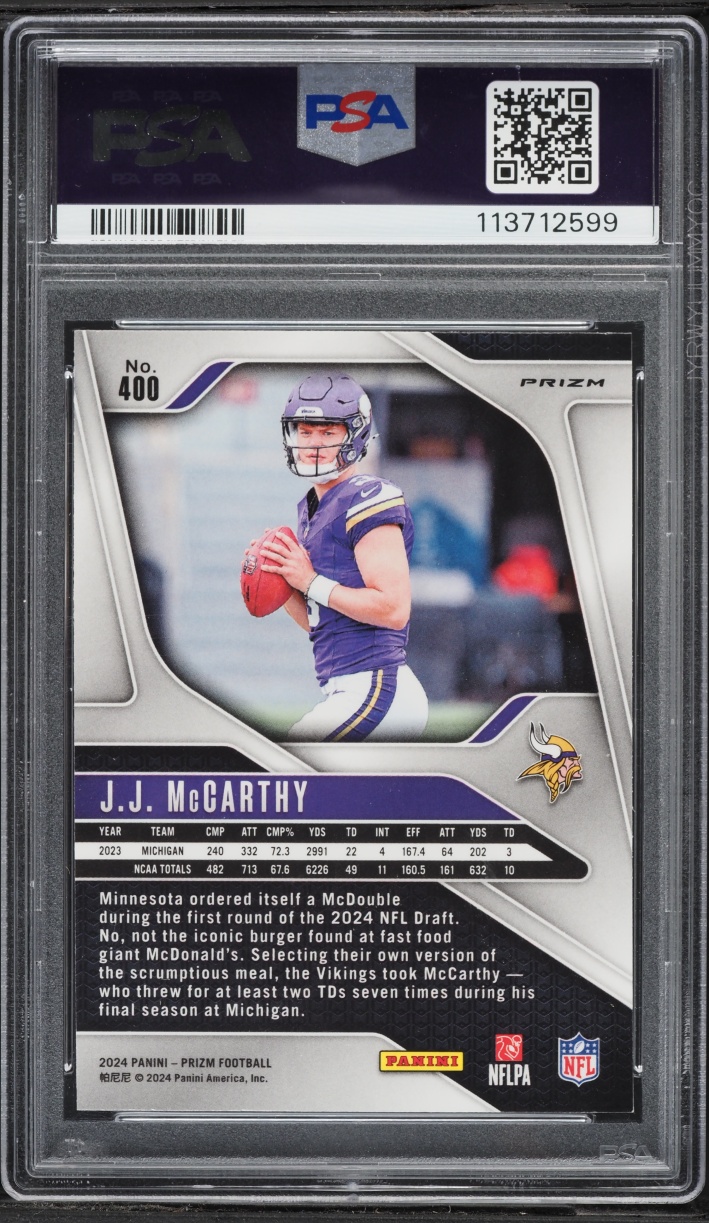 2024 Panini Prizm Lazer J.J. McCarthy ROOKIE #400 PSA 10 GEM MINT